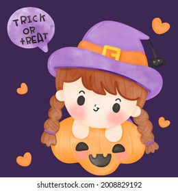 Baby Halloween children witch with pumpkin cute vector for party kawaii character: Series trick or treat monster (Girly girl doodle). Hand drawing Illustration for kids fashion artworks, festival.
