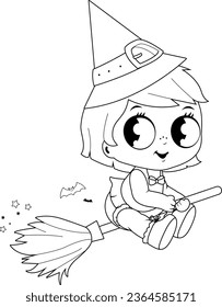 Baby Halloween witch flying with a magic broom. Vector black and white coloring page.