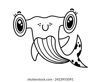 Baby hammerhead shark vector illustration. Cute friendly fish smiles and waves its fin. A predatory underwater animal, funny ocean character. Black outline, doodle isolated on white. Coloring book