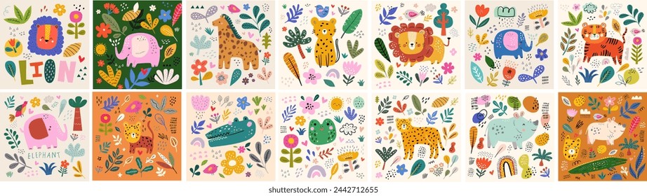 Baby hand drawn cards, games, posters. Designs for baby textile, posters, cards. Animals patterns. Fabric baby design. Vector illustration with cute animals. Nursery baby pattern illustrations