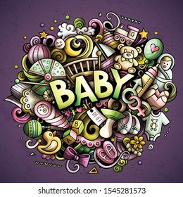 Baby hand drawn cartoon doodles illustration. Nursery funny objects and elements poster design. Creative art vector background.