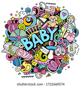 Baby hand drawn cartoon doodles illustration. Nursery funny objects and elements poster design. Creative art vector background.