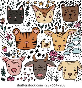 Baby hand drawn design with cute animals, cat, bear, giraffe, tiger, dog, fox, pig, cow