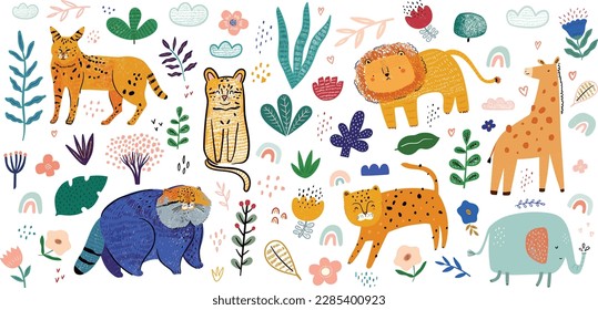 Diseño dibujado a mano para textiles, afiches, tarjetas. Patrón de animales bebés. Diseño de bebé de tela. Ilustración vectorial con animales lindos. Ilustración del patrón de bebé de enfermería