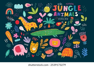 Bebé dibujado a mano diseño para textiles, carteles, tarjetas. Patrón de animales de bebé. Diseño de bebé de tela. Ilustración vectorial con animales lindos. Ilustración de patrón de bebé de vivero