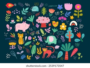 Baby hand drawn design for textile, posters, cards. Baby animals pattern. Fabric baby design. Vector illustration with cute animals. Nursery baby pattern illustration