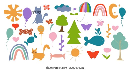 Baby hand drawn design for textiles, posters, cards. Fabric kids design. Lovely flowers, rainbow, balls and more