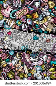 Baby hand drawn doodle banner. Cartoon vector detailed flyer. Illustration with Infant objects and symbols. Colorful background