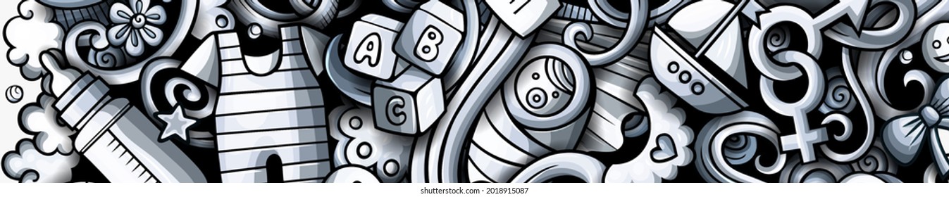 Baby hand drawn doodle banner. Cartoon vector detailed flyer. Illustration with Infant objects and symbols. Graphics horizontal background