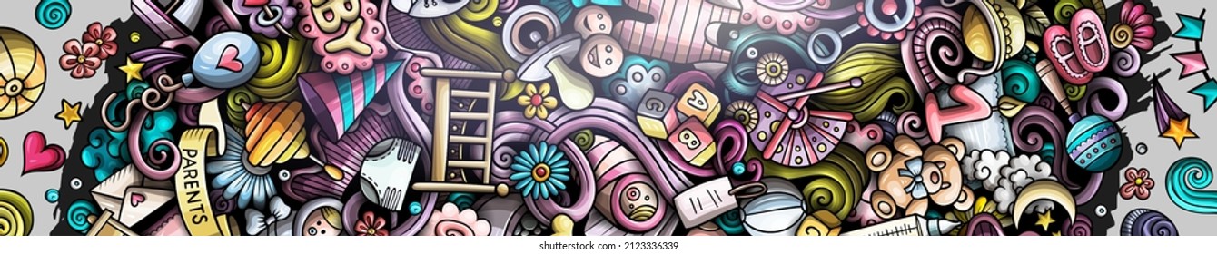 Baby hand drawn doodle banner. Cartoon vector detailed flyer. Illustration with Infant objects and symbols. Colorful horizontal background