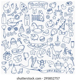 Baby hand drawn doodle set on squared background. Vector  illustration for backgrounds, web design, design elements, textile prints, covers