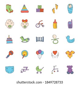 baby hand drawn linear doodles isolated on white background. baby icon set for web and ui design, mobile apps and print products