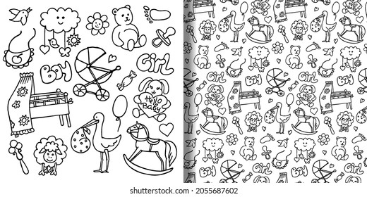 Baby hand drawn objects set and seamless pattern