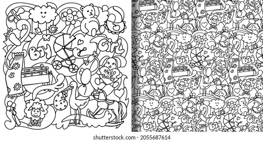 Baby hand drawn print and seamless pattern set