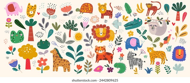 Baby hand drawn set for textile, posters, cards. Baby animals pattern. Fabric baby design. Vector illustration with cute animals. Nursery pattern illustration