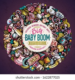 Baby hand drawn vector doodles illustration. Child poster design. Newborn elements and objects cartoon background. Bright colors funny picture