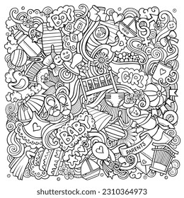 Baby hand drawn vector doodles illustration. Child poster design. Newborn elements and objects cartoon background. Sketchy funny picture