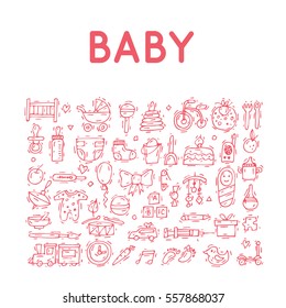 Baby. Hand drawn vintage style. Set icons. Flat design vector illustration.