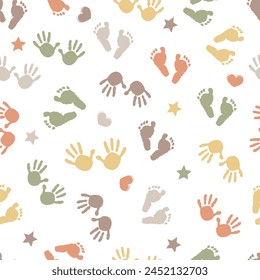 Baby hand foot print, stars and heart baby shower seamless fabric design pattern