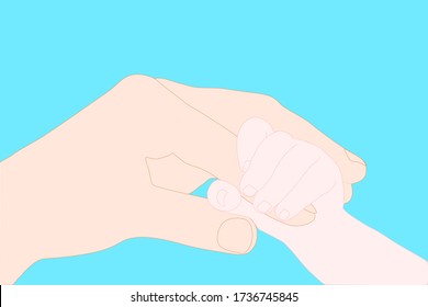 baby hand is holding father or mother finger with love and happy on the blue background. Family stay together. Holiday spending time. 