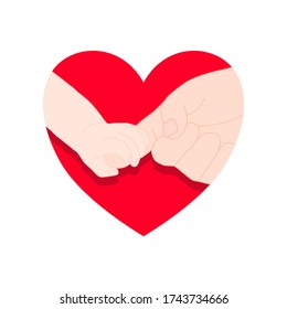 baby hand is holding father or mother finger with love and happy in the red heart shape. Family stay together. Holiday spending time. love and give concept.