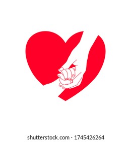baby hand is gentel​y​ holding father or mother finger with love and happy in the red heart shape. Family stay together. Holiday spending time. love and give concept.