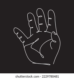 Baby hand line art. Little palm. Minimalistic vector illustration. Black and white. Black background. One line drawing.