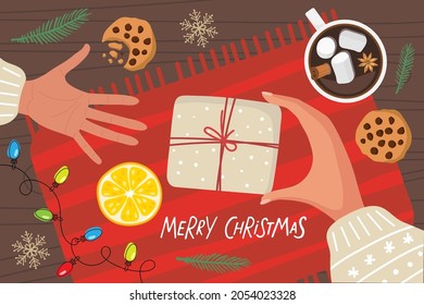 Baby hand taking gift. Mom gives Christmas present to child. Gift Transfer. Two human hands with warm knitted sleeves on festive background For Holiday banner, poster or card. Flat Vector illustration