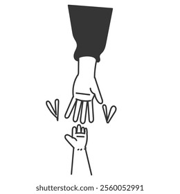 baby hand tries to hold mothers hand in doodle icon cartoon