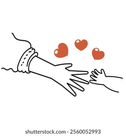 baby hand tries to hold mothers hand in doodle icon cartoon