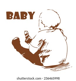 Baby. Hand-drawing. The kid sitting on the floor and looks into the distance.