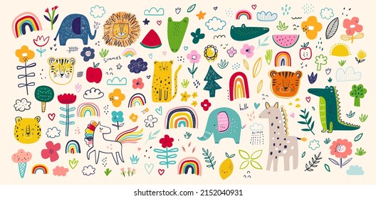 Baby hand-drawn design for textile, posters, cards. Baby animals pattern. Fabric baby design. Vector illustration with cute animals. Nursery baby pattern illustration