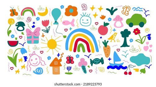 Baby hand-drawn design for textile, posters, cards. Fabric baby design.Cute flowers, rainbows, houses, sun, cars and other decorative elements.