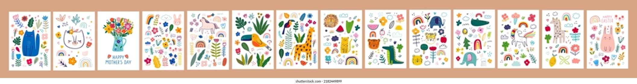 Baby hand-drawn posters and cards. Baby animals pattern. Vector illustration with cute animals. Nursery baby illustrations. Notebook covers