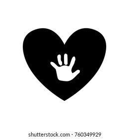 Baby handprint inside of black heart isolated on white background. Black and white vector illustration, logo, icon.