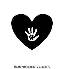 Baby handprint with pet paw print on the palm inside of black heart icon isolated on white background. Black and white vector illustration, logo, icon.