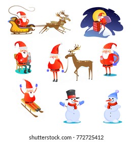 baby in hands of Santa Claus makes wish, man in red suit and beard with bag of gifts behind him climbs into chimney, sleigh reindeer harness drive Christmas mood, merry snowman vector illustration