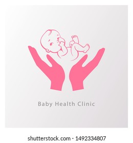 Baby in hands shape logo. Emblem with  hands holding newborn baby. .Pediatric clinic sign. Baby health and care product emblem. Pink color monochrome vector illustration.