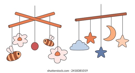 Baby Hanging Cradle Mobile Newborn Toy with Flowers and Stars isolated on white background.