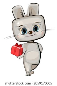 Baby Hare carries a gift to a friend. Red box with ribbon and bow. Summer meadow with flowers. Childrens illustration. Happy animal. Cartoon style. Isolated on white background. Vector.