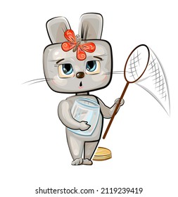 Baby Hare catch with a net butterflies. Characters of child stand. Funny scenery with rabbit. A young animal. Cute cartoon style. Clipart illustration is isolated on white background. Vector
