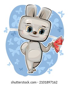 Baby Hare is friends with a butterfly. Funny comic little rabbit animal stands and smiles. Cute cartoon style. Childrens illustration clipart isolated on a white background. Vector.