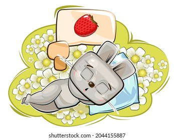 Baby Hare. Meadow and ripe strawberry are dreaming. Childrens illustration. Chamomile. The baby animal fell asleep. Cartoon style landscape. Isolated on white background. Vector