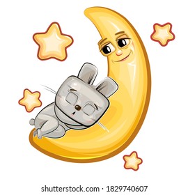 Baby Hare is sleeping on the moon. Dreaming a dream. Children's illustration. Funny. The baby animal fell asleep. Cartoon style picture. Isolated on white background. Vector