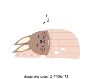 Bebé liebre durmiendo en la almohada debajo de la manta de funda nórdica. Lindo animal tomando una siesta. Diseño de arte de póster de personaje conejito infantil. Estilo de dibujo infantil. Ilustración vectorial infantil plana dibujada a mano de conejo de ensueño