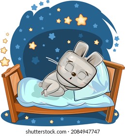 Baby Hare sleeps in bed. Dreaming. Night and stars. Childrens illustration. Nice baby animal fell asleep. Cartoon style picture. Isolated on white background. Vector