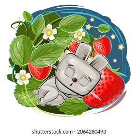 Baby Hare sleeps under a bush of strawberries. Children's illustration. Ripe berry and starry night. The baby animal fell asleep. Cartoon style landscape. Isolated on white background. Vector.