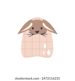 Baby hare wrapped in duvet cover blanket. Cute bunny looks as sick. Nursery animal character design isolated on white. Kid drawing style. Rabbit personage hand drawn flat childish vector illustration