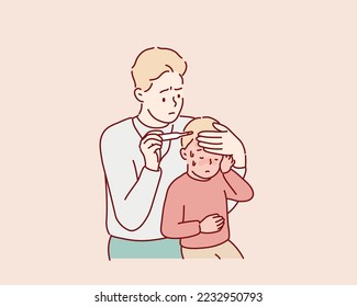 baby has fever and his father checks temperature. Hand drawn style vector design illustrations.