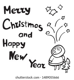 Baby in a hat with ears and friend Christmas tree wishes Merry Christmas and Happy New Year. They look at the fireworks. Cartoon